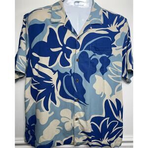 Tommy Bahama Mens L 100% Silk Shirt Floral S/S Polo Hawaiian Blue Beach